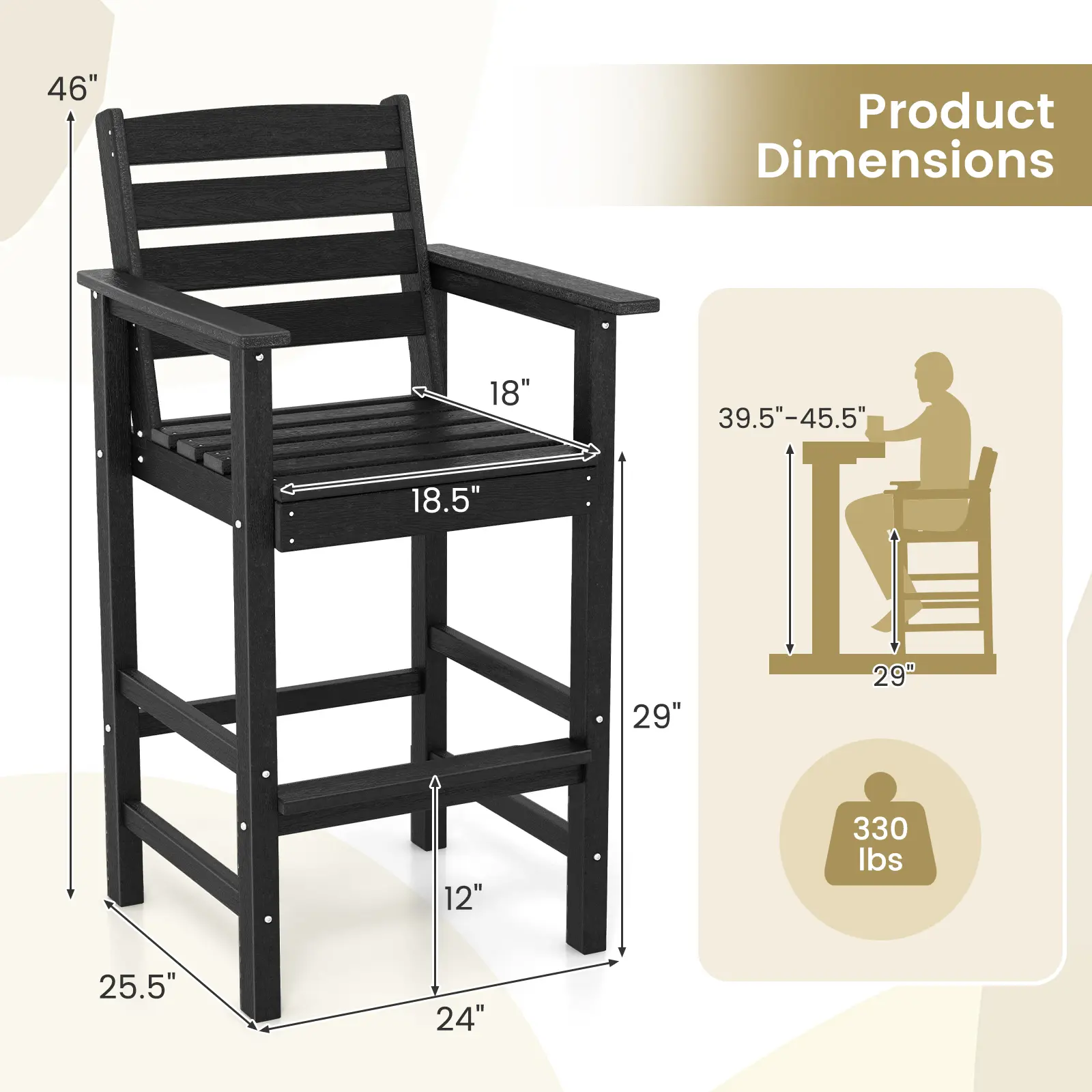 COSTWAY - Patio HDPE Adirondack Bar Chairs Set of 2 with Wide Armrests-Black