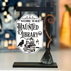 Halloween Ghost Library Decor with Gothic Wooden Sign, 3D Skull, Crow and Witch Hat Design, Realistic Wood Tabletop Ornament for Readers Gifts Vintage Decor