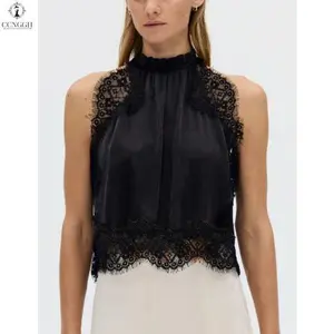 Women's Y2k Satin Lace Tops  Halter Going Out Tops Flowy Mock Neck Sleeveless Spring Summer Outfit