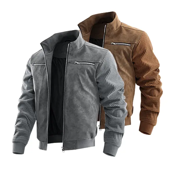 Men’s Suede Faux Leather Paneled Aviator Jacket - Menswear Coats, Turn-Down Collar, Full Zip Closure, Retro Flight Outerwear with Snap-Button Flap Chest Pockets & Zippered Sleeve Pockets, Ribbed Cuffs & Hem, Casual Vintage Top