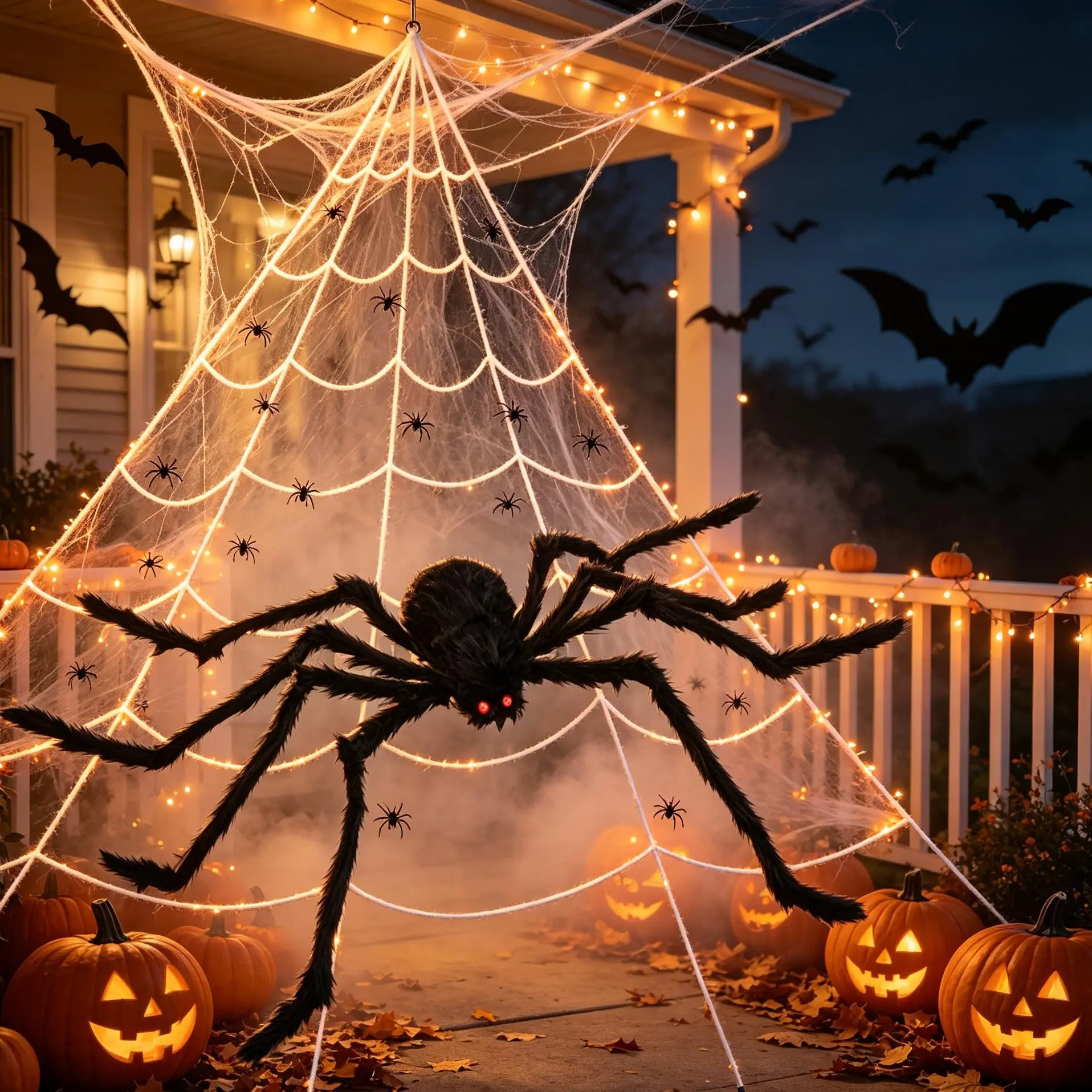 Adjustable Giant Halloween Webbed Cobweb Decor Set - 5M White Cobweb, 150 Black Spiders, 100 Mini Spiders, Hooks & Stakes Included, Ideal for Halloween Aesthetic Haunted House, Outdoor Decor Supplies, Spooky