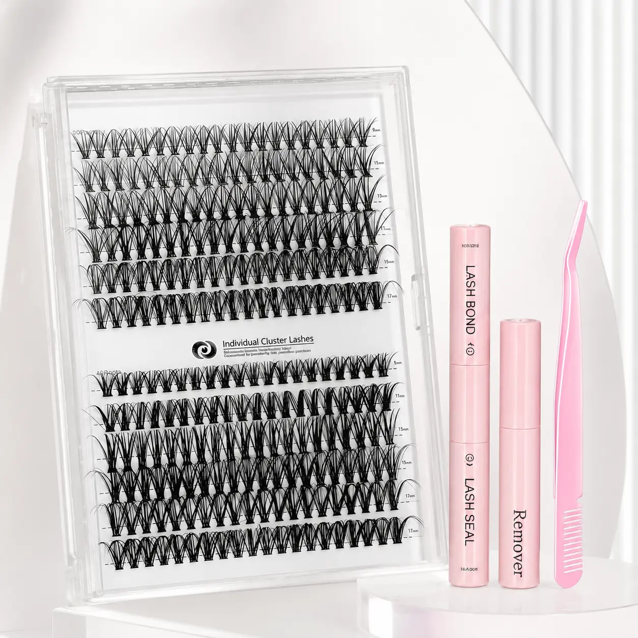Individual Cluster Lashes Kit with Bond, Seal & Remover | Soft Wispy Lash Clusters, Mixed Lengths 9-17mm, Easy DIY Lash Extension Look