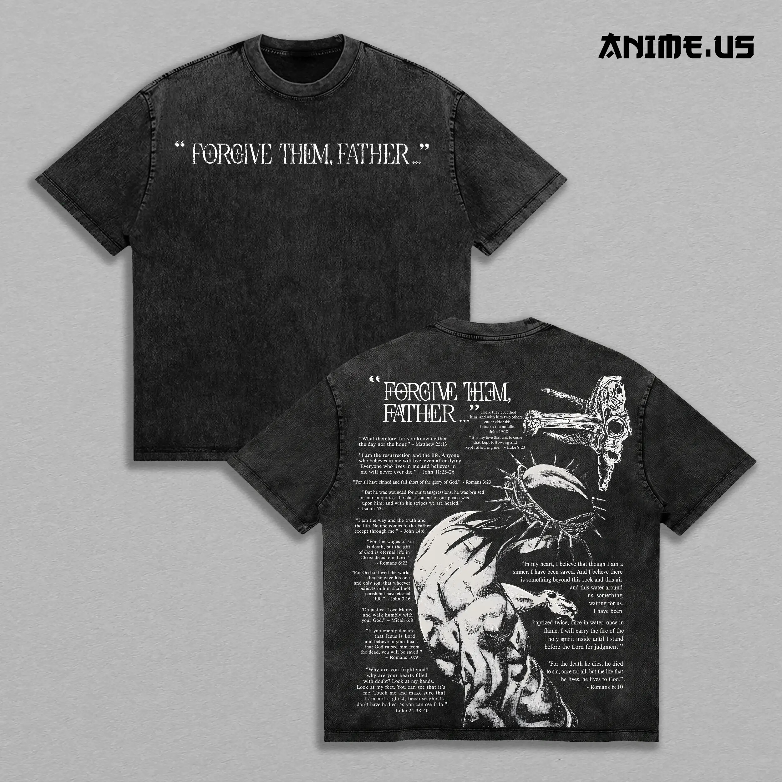 Forgive Them Father Jesus Christ Vintage Washed Oversized Graphic Tee, Dark Faith Anime Style Streetwear Heavyweight Cotton Christian Gothic Religious Shirt Gift
