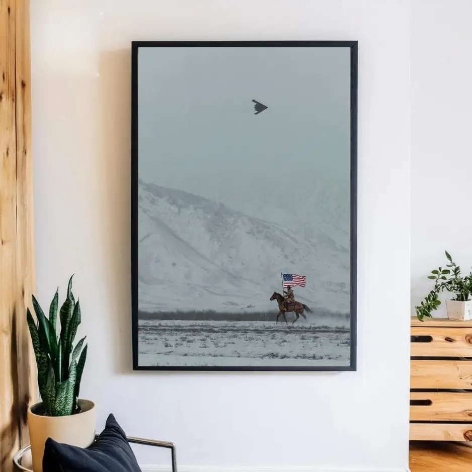 [NO FRAME] Cowboy on Horse and B2 Spirit Flying Satin Poster- America Western Mountain Unframed Wall art