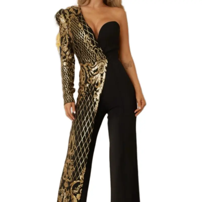 Elegante Jumpsuit with Gold Sequin Detail and One-Shoulder Design for Stylish Occasions