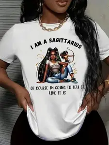 Women'S Sagittarius Zodiac T-Shirt, Casual Crew Neck Short Sleeve Top, Polyester Knit Fabric with Medium Stretch, Regular Fit, All-Season Fashion, Applique Drawing Design, Gift Idea