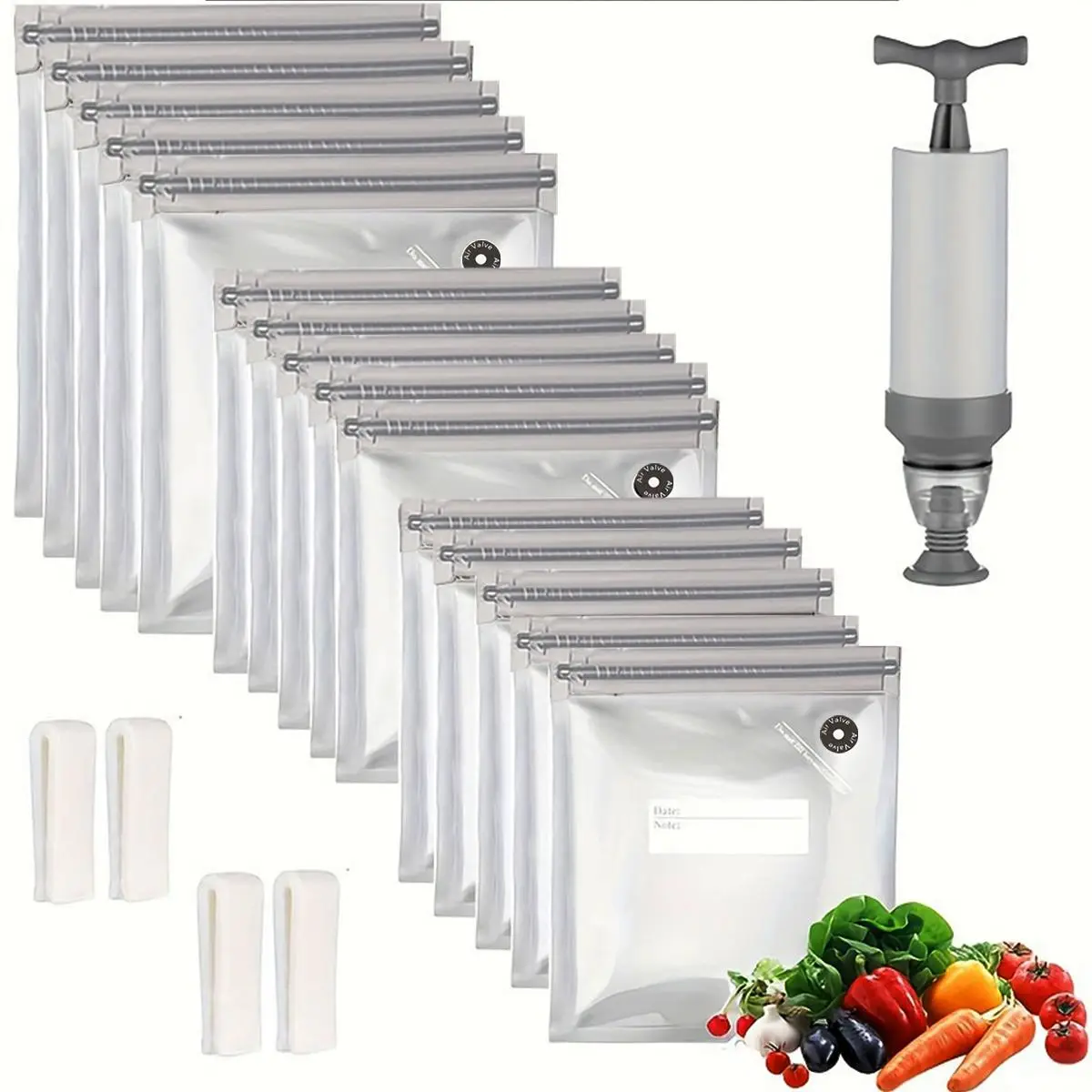 Reusable Vacuum Food Storage Bag, 20pcs/set Multi-size Vacuum Food Bag with Hand Pump & Sealing Clips, Portable Storage Bag for Food Storage & Cooking