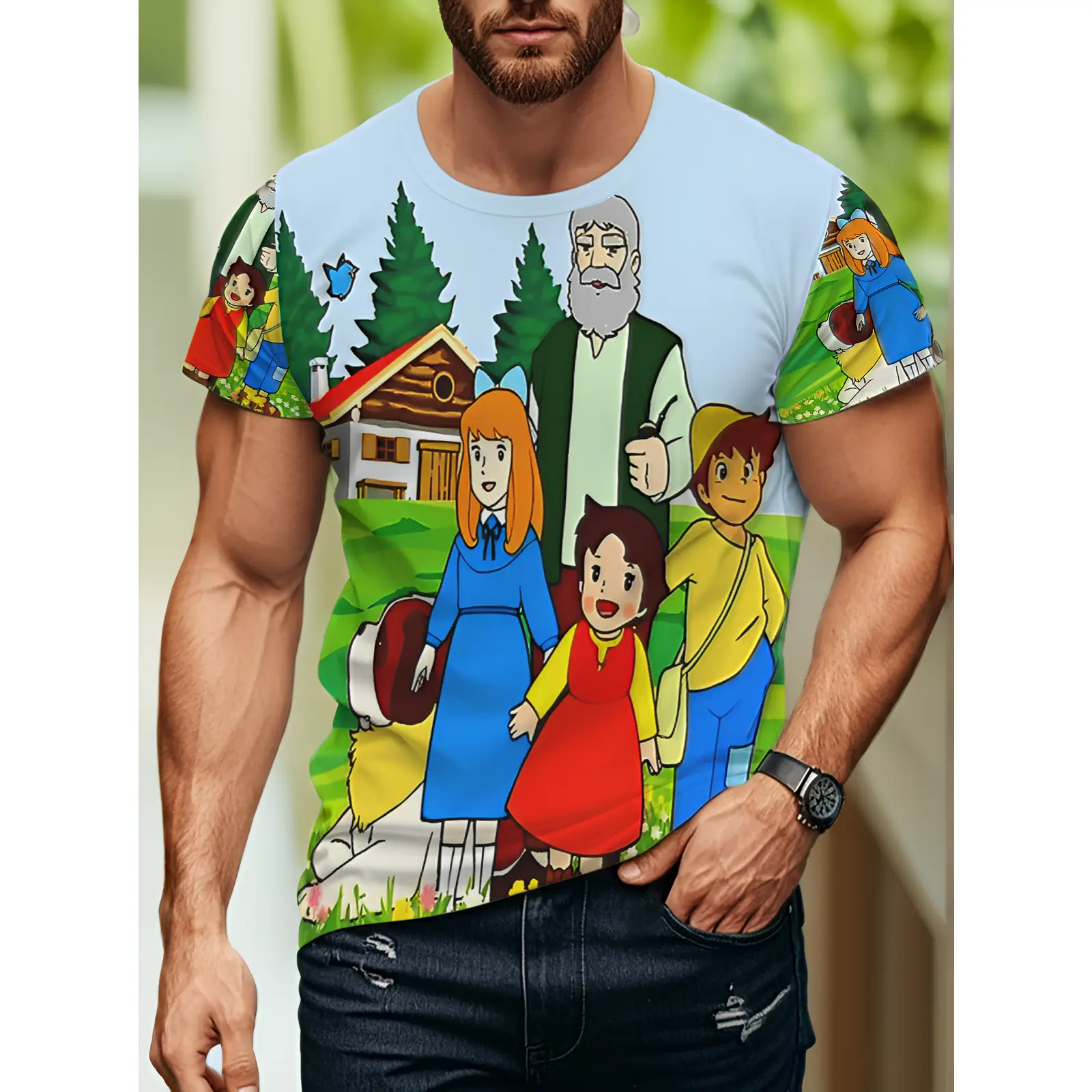 Men's T-Shirt Featuring a Digital Print of a Heidi-Themed Family Portrait Set Against a Green Field, Perfect for Casual Outings, Travel, And Outdoor Activities.an Ideal Gift for Husbands, Friends, Or, PLUS SIZE