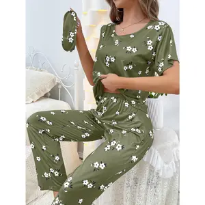 Romantic Floral Print Pajama Set - Soft Short Sleeve Crew Neck Top & Elastic Waistband Pants - Perfect Womens Sleepwear & Loungewear for Stylish Comfort
