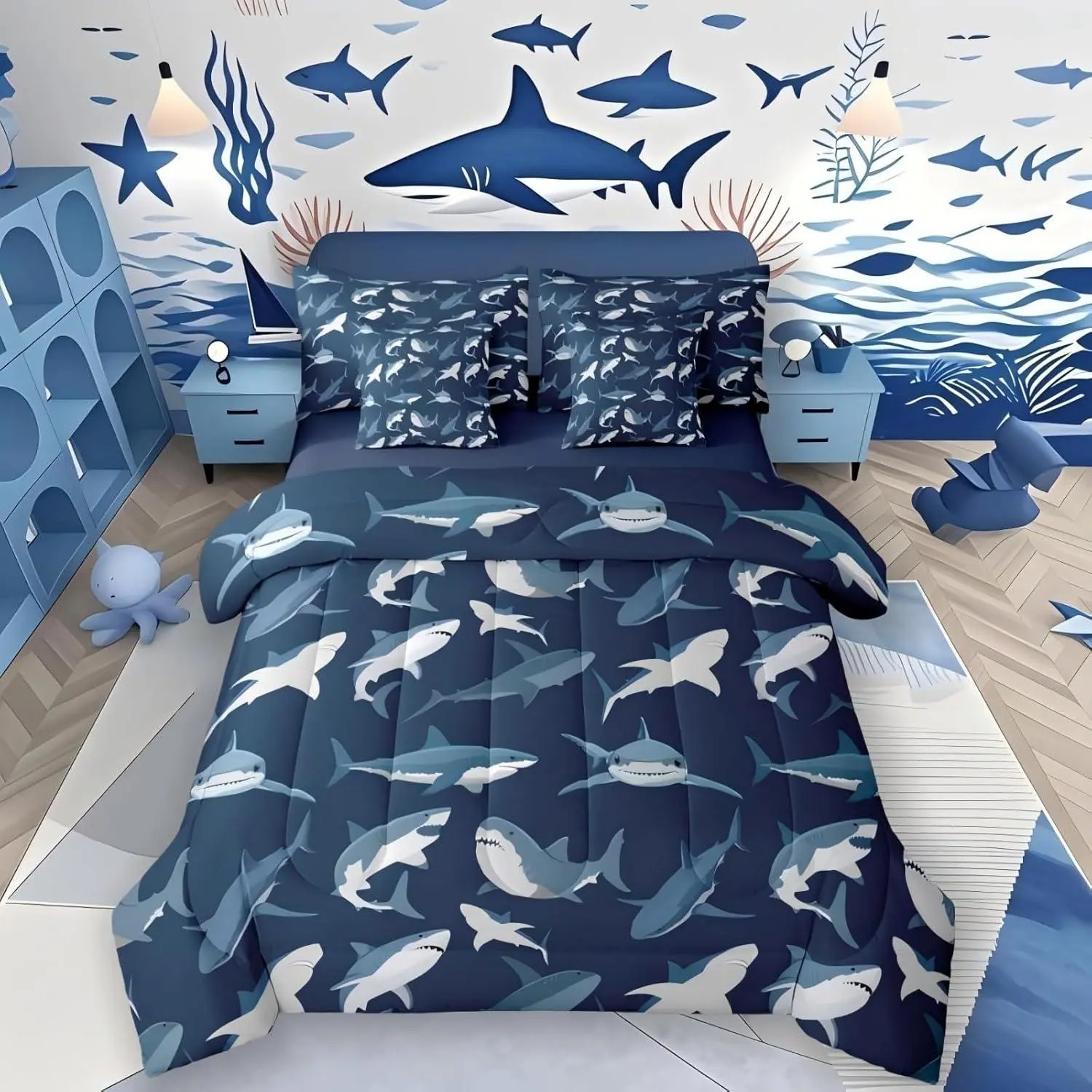 Feelyou Boys Ultra Soft 7-Piece Shark Bedding Set with Sheets - Ocean Themed Bedroom Multi-Size Nautical Collection, Underwater Sea Creature & Sealife Design