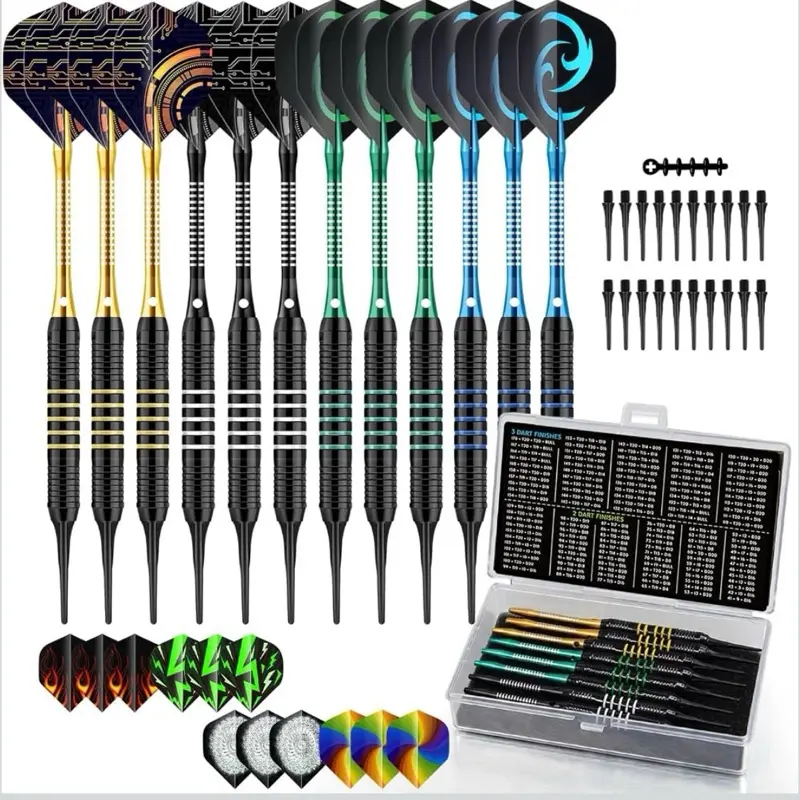 12Pcs Soft Tip Darts Set, 18 Gram Plastic Tip Dart for Electronic Dartboards ，with 4 Colour Aluminum Shafts 8 Style Flights, Replacement Tips, Ideal for Beginners & Pros Home/Bar/Competition