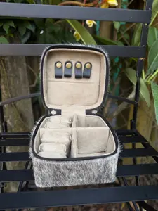 Hide Away Cowhide & Leather Jewelry Box - Handcrafted with Genuine Cowhide, Felt Lining, Zipper Closure, Medium Size, Unique Design for Home or Travel