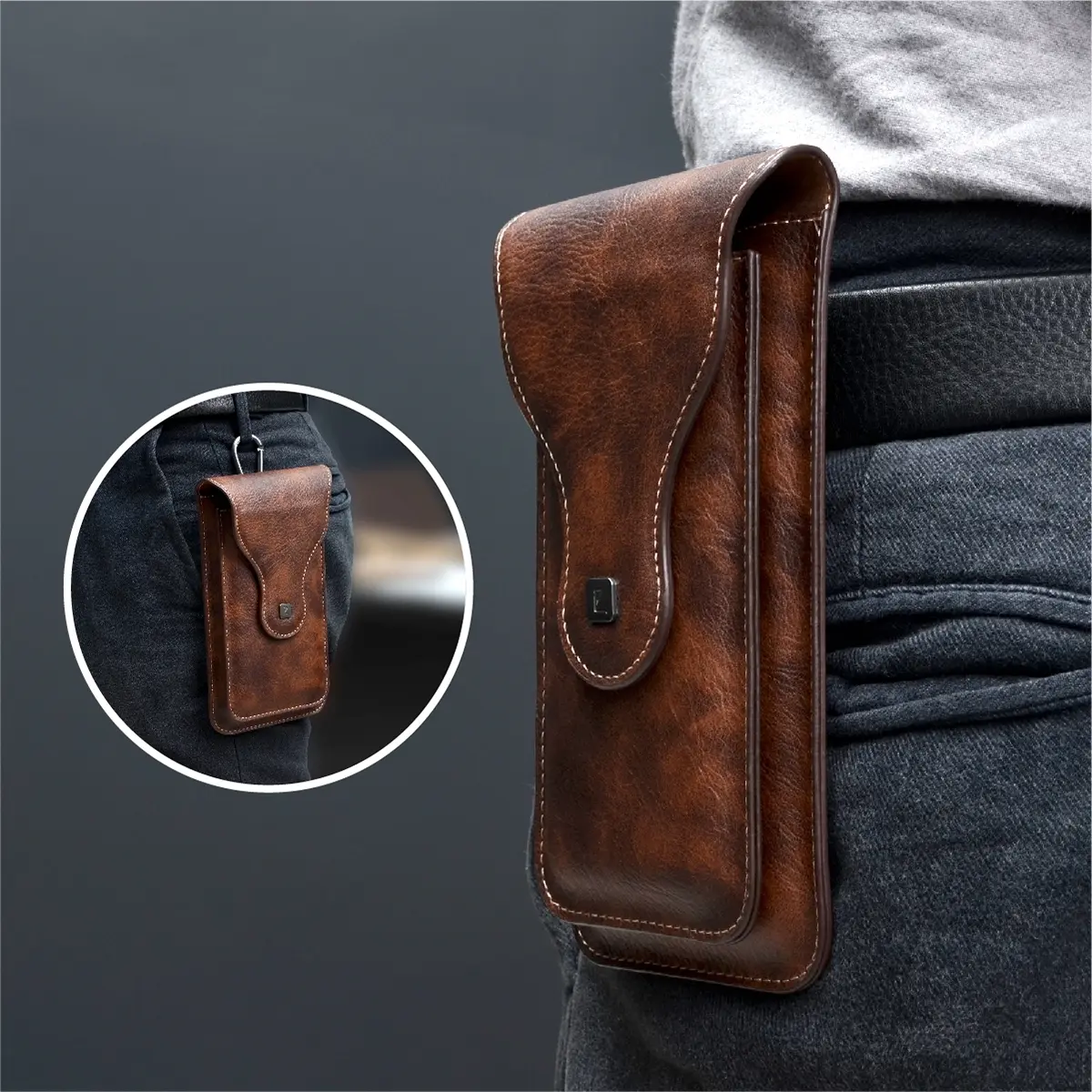 Faux Leather Phone Waist Bag, Dual Compartments Phone Holster, Phone Pouch for Men, Phone Accessories for iPhone & Android, Fashion Waist Packs, Waist Packs, Waist Belt Bag, Waist Belt Pocket, Pouch Bags, Everything Belt Bag