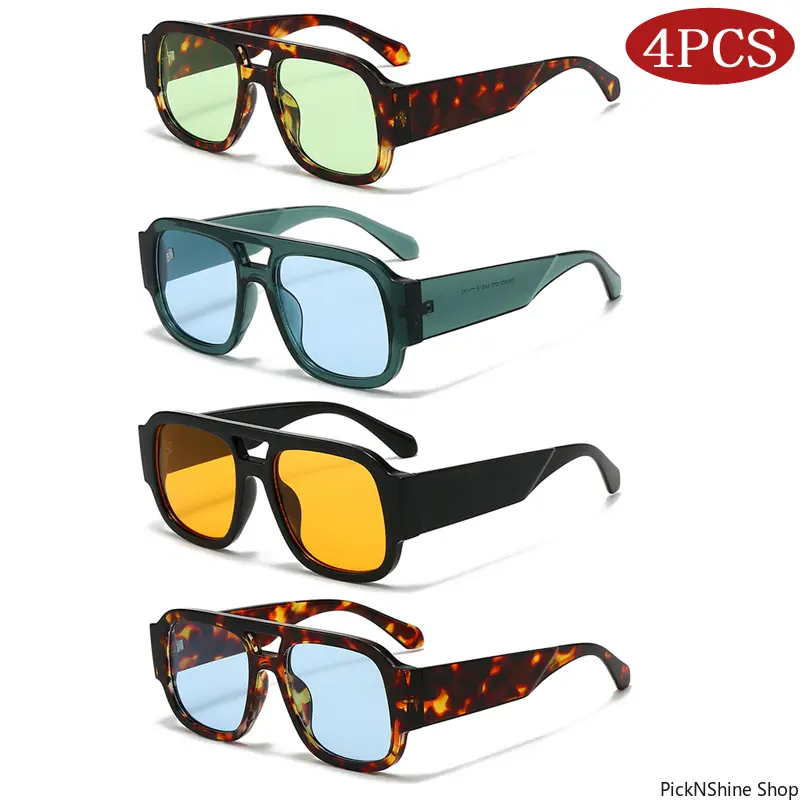Unisex Plastic Square Frame Double-Bridge Sunglasses - 1/4 Sets Large Candy Color Trendy Shades, Lightweight Sunshade Non-Prescription Glasses for Outdoor Sports, Gifts for Him, Accessories Adults