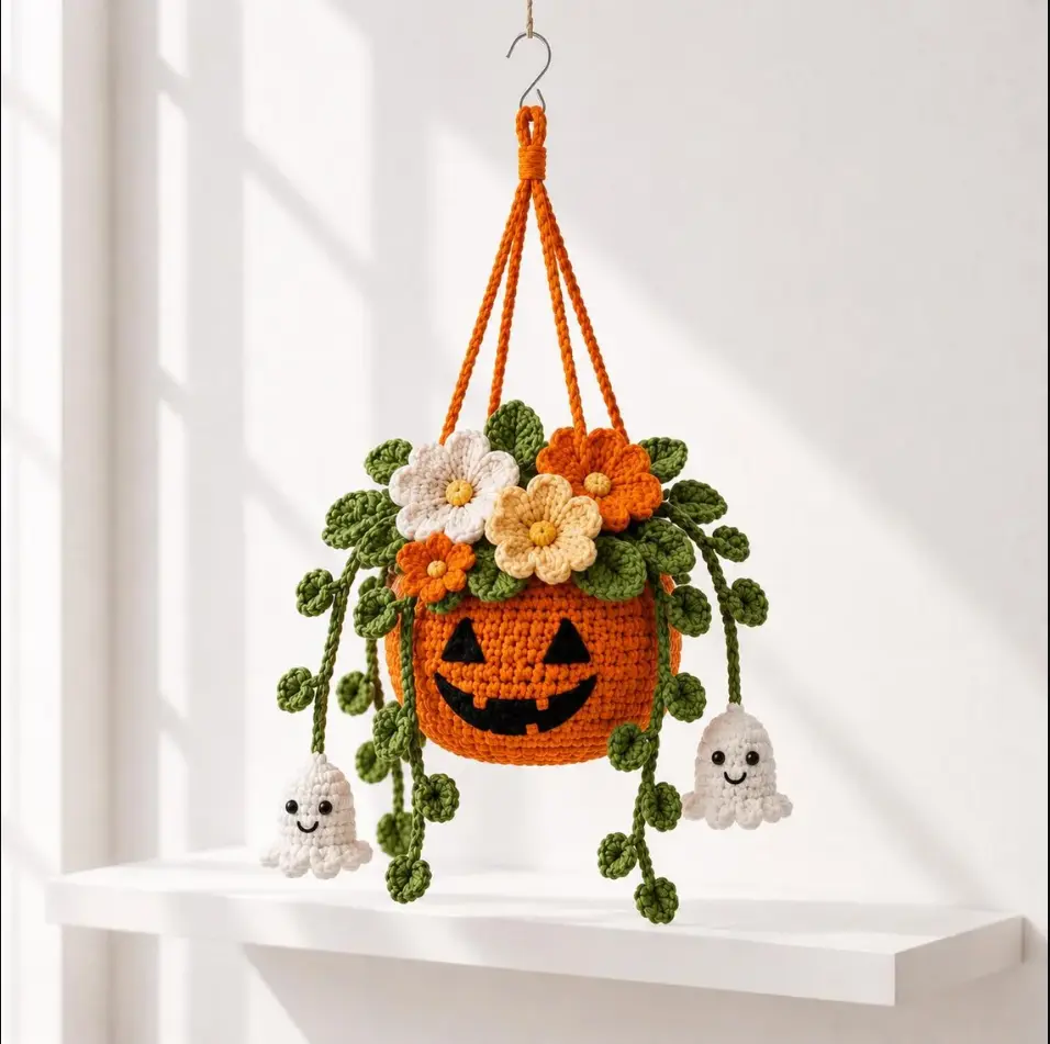 Crochet Halloween Hanging Planter, Cute Spooky Wall Decor, Ghost Pumpkin Bat Basket, Handmade Fall Home Decor, Halloween Gift