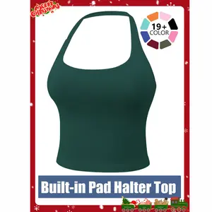 Jetjoy Sports Bra for Women, Womens Longline Halter Sports Bra Vest Ribbed Seamless Square Neck Workout Crop Tank Top with Built in Pads