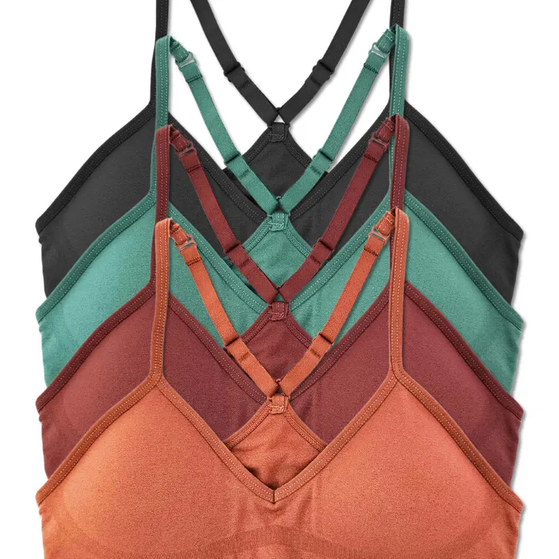 Kalon Women's 4-Pack Soft Seamless Racerback Bralettes - Wireless, V-Neck Nylon Spandex Underwear for Women with Removable Pads, Elastic Fit for Yoga & Everyday Basics (M, XXS; Check Size Chart; Skin, Bright, Earth Tones)