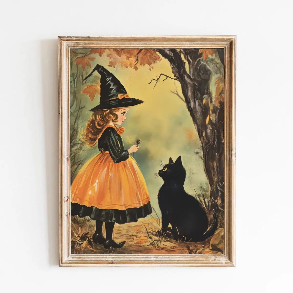 Girl Halloween Witch Illustration, Vintage Halloween Witch & Black Cat Wall Art Printable – Retro Cute Kids Decor, Retro Halloween Poster, Room Decor, Unframed – 5 Sizes (8x12–27x40 inch)