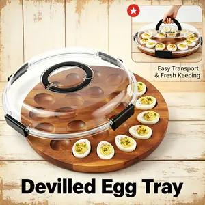 Wooden Deviled Egg Platter with Lid, 24 Holes Round Deviled Egg Tray,Charcuterie Board Food Serving Container Holder for Party and Home Kitchen