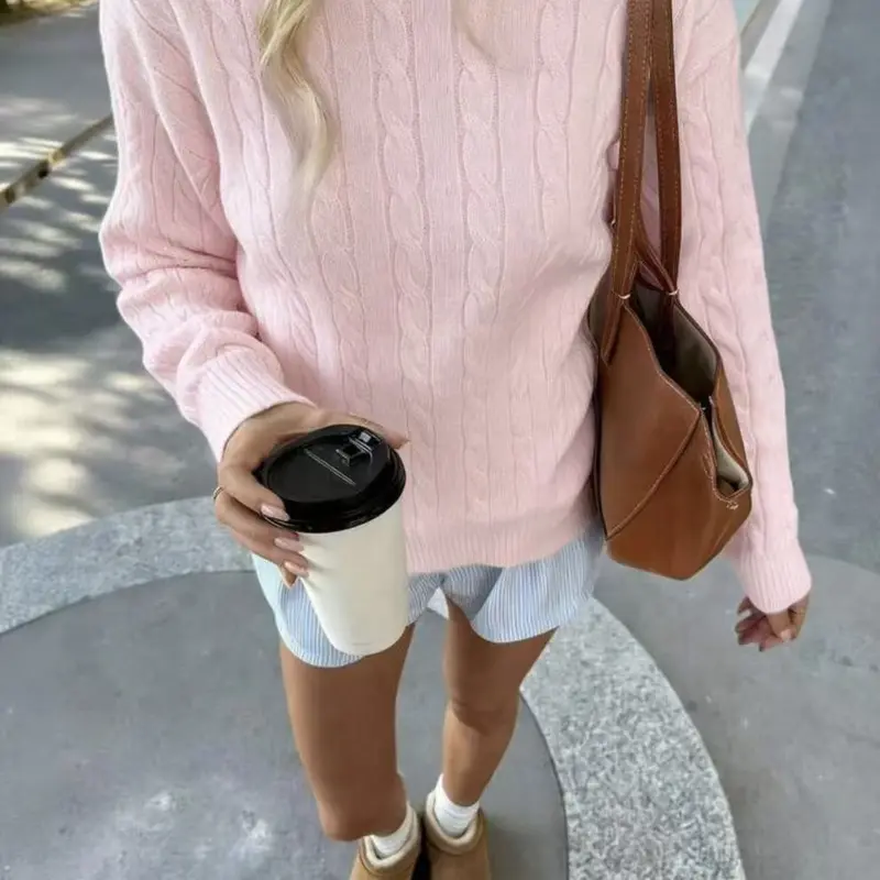 Sweet Dreams. Autumn/Winter Women's Y2K Pink ElegantCasual Long Sleeve Cable Knit Loose Sweater, OutingHoliday Outfit Top, Women's Sweater