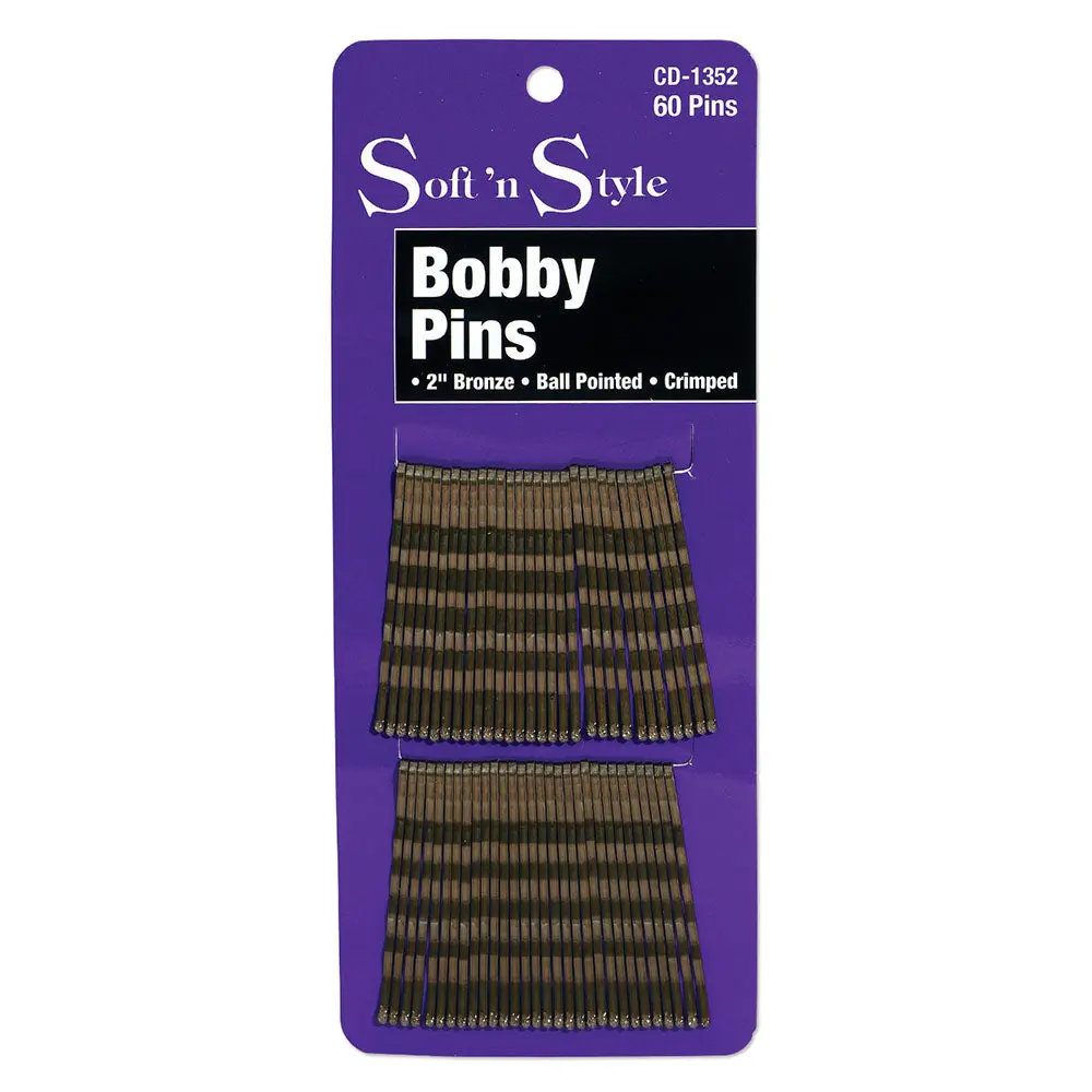 Soft 'N Style Crimped Bobby Pins, 60-Count Bronze Hair Clip Set with Ball-Pointed Ends, Fashion Hair Accessory for Updos