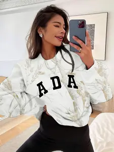 Women's Camo Round Neck Long Sleeve Sweatshirt, Ada Letter Print Design, Loose Fit Street Style, Fall & Winter Fashion