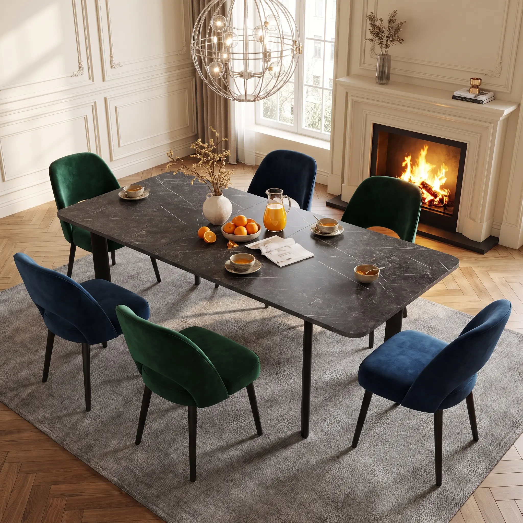 HIPIHOM Modern Faux Marble Dining Room Table - Rectangular Stone-Look Kitchen Table with Dark Texture, Rounded Anti-Bump Corners, Spacious Top, Easy-Clean Surface, Minimal Black Legs for Apartments, Small Spaces