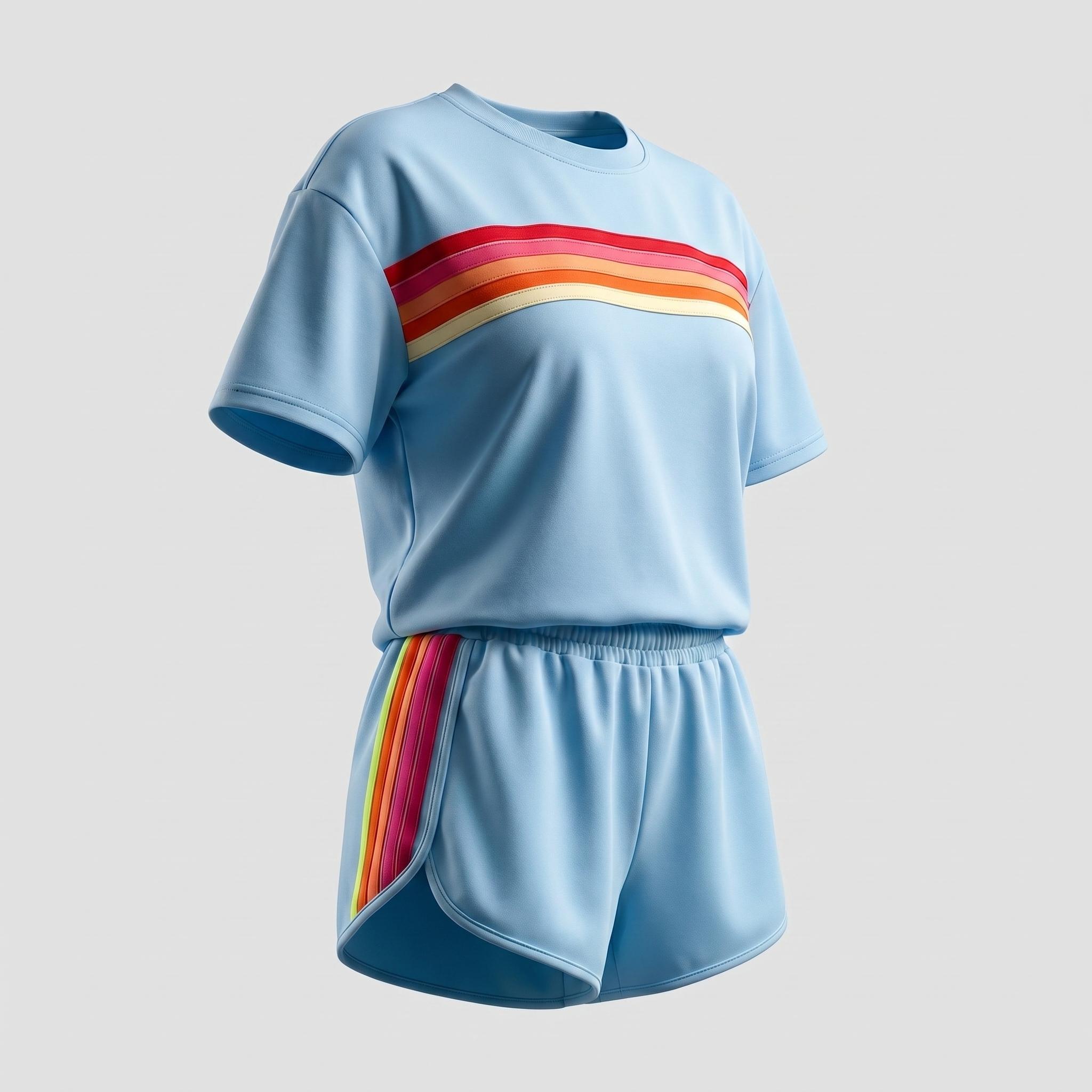 Women's Short 2-Piece Rainbow Strip Outdoor Sportswear Set - Loose Fit Crop Top & Bottoms, Solid Round Neck, Short Sleeves, Lightweight Breathable Blend Clothing, Baby Blue, Baseball Use, Light Spandex Women's Clothes tiktokshopspringglowup, 2 Piece Sets,