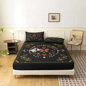 3pcs Bohemian Monarch Butterfly Moon Phase Fitted Sheet Set,Floral Boho Bedding - High-Definition Prints For Home Bedrooms And Dormitories Mattress Protector (1 Fitted Sheet + 2 Pillowcase No Pillow)