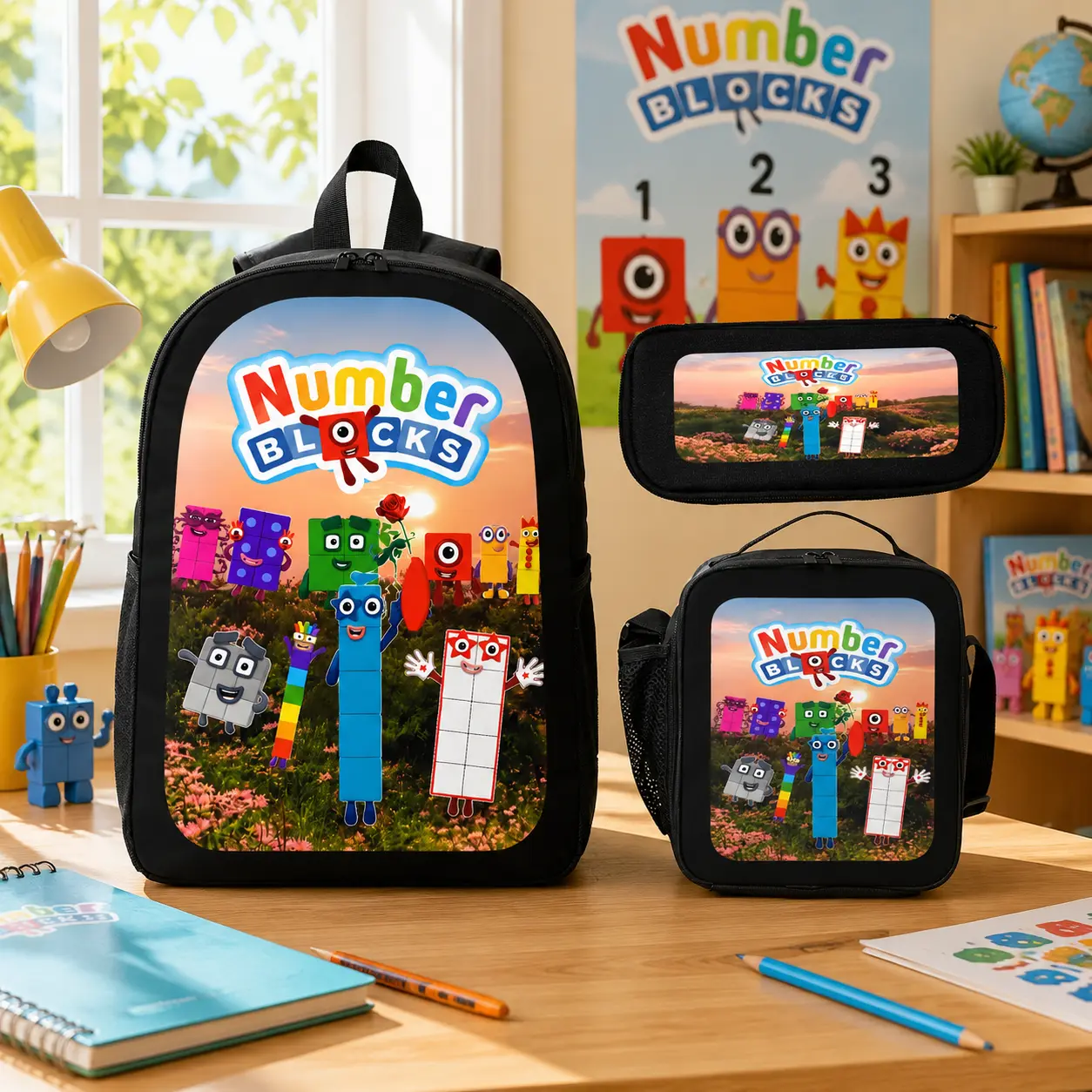 Unisex 3-Piece Oxford Cloth Backpack Set - Educational Cartoon Print Daypack with Lunch Bag, Pencil Case, Adjustable Strap for School/Daycare