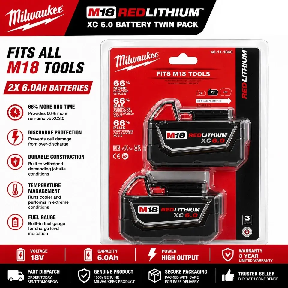 2- PACK Milwaukee 48-11-1860 M18 REDLITHIUM HighOutput XC 6.0 Battery Pack Lithium Battery