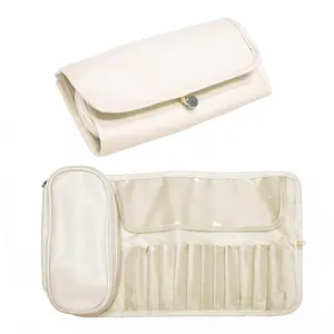Folding Makeup Brush Bag,Travel Toiletry Bag with Separate Brush Compartment for Brushes & Skincare, Toothbrush Holder,Rollup & Open Flat cosmetic Organizer,Portable Waterproof &Hanging (white)