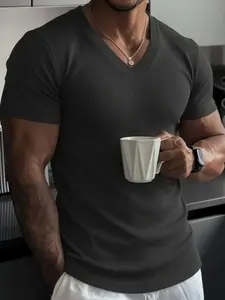 Men's Solid Color V-Neck Vertical Stripe Slim Fit Short Sleeve T-Shirt for Daliy Wear, Classic Elastic Knit Texture Top, Casual Sporty Versatile Underwear，Multiple Colors Available, Streetwear
