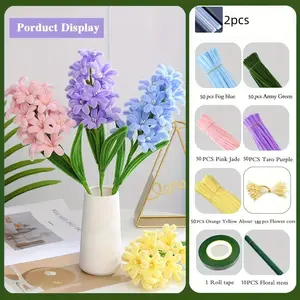 443 Piece Hyacinth Pipe Cleaner Artificial Flowers Bouquet Set, Includes 250 Cleaning Sticks, 10 Flower Sticks, Tape, DIY Craft Kit for Home Decor