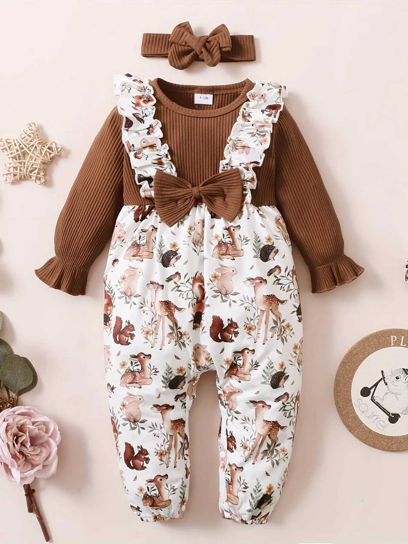 Baby's Cute Cartoon Print Long Sleeve Jumpsuit with Hair Band, Casual Jumpsuit for Infant Toddler Kids Fall & Winter, Newborn Baby Clothes, Baby Clothes Girl, Toddler Outfit, Baby Clothing
