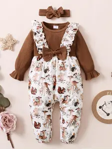 Baby's Cute Cartoon Print Long Sleeve Jumpsuit with Hair Band, Casual Jumpsuit for Infant Toddler Kids Fall & Winter, Newborn Baby Clothes, Baby Clothes Girl