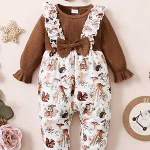 Baby's Cute Cartoon Print Long Sleeve Jumpsuit with Hair Band, Casual Jumpsuit for Infant Toddler Kids Fall & Winter, Newborn Baby Clothes, Baby Clothes Girl