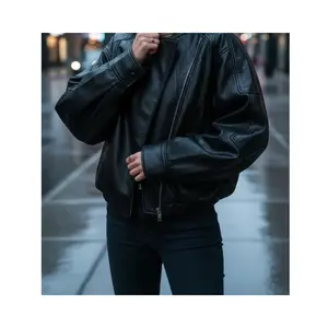 Black Faux Leather Jacket Stand Collar Oversized Motorcycle Jacket Elastic Hem Street Casual Long Sleeve Waterproof Windproof Coat Suitable for Spring and Autumn Women's Daily Wear Casual Fashion Coat
