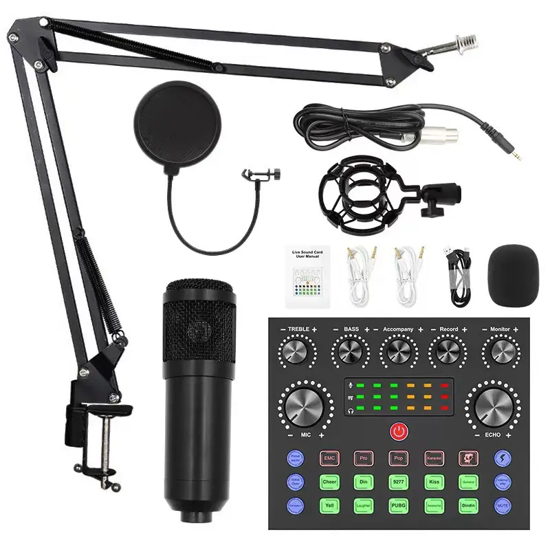 Podcast Equipment Bundle, Wired Microphone. Equipped with BM800 Black Metal Condenser Microphone and V8 Sound Card & Voice Changer — Audio Interface Device. Ideal for recording, singing, streaming and gaming scenarios.