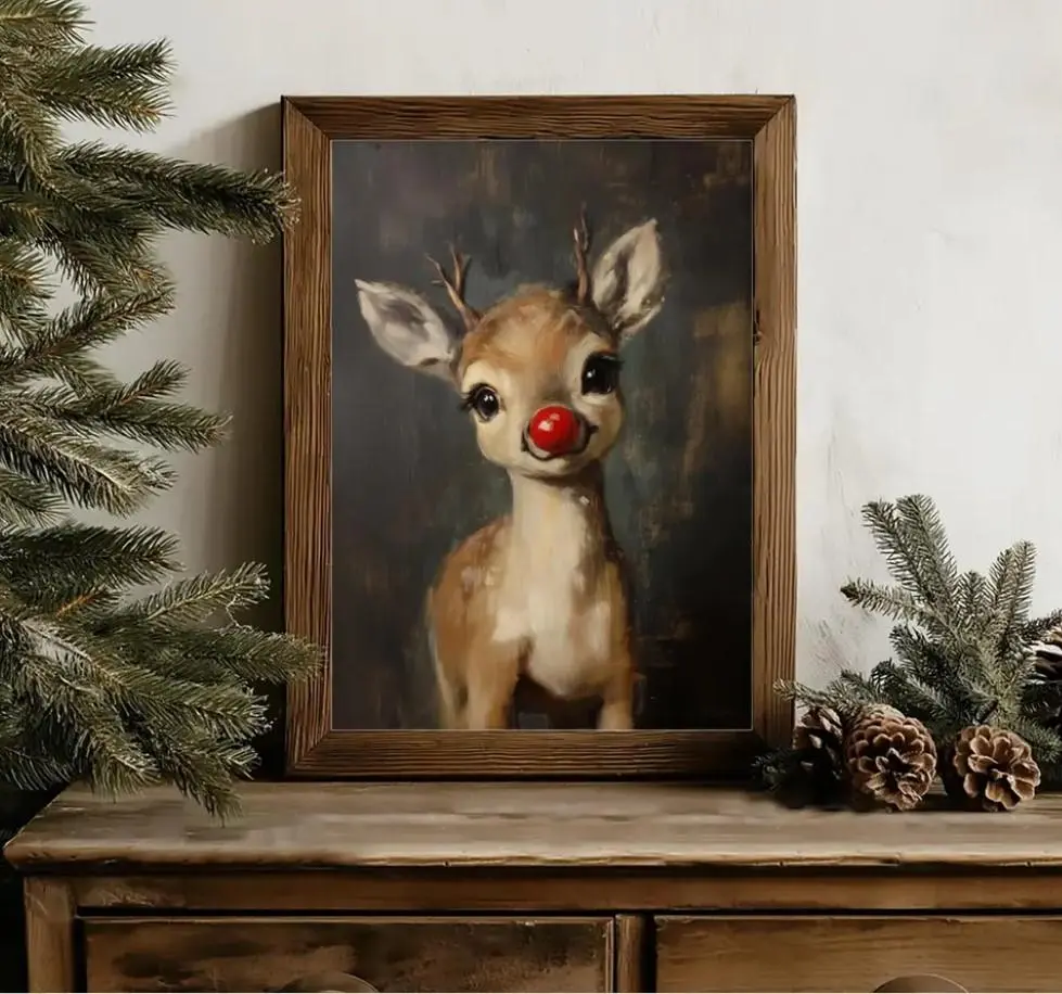 Rudolph Painting Reindeer Cute Print, Whimsical Deer Christmas, Red Nose Christmas Wall Art, Moody Vintage Rudolph Poster, Rustic Artwork