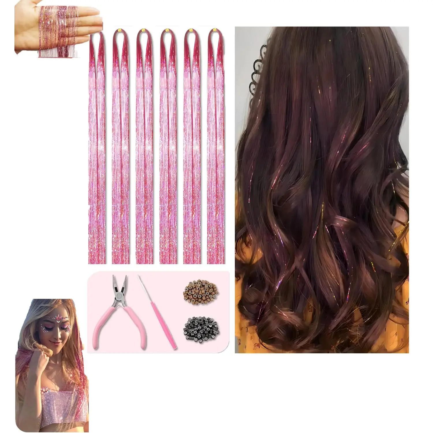 48 Inch Hair Tinsel Extensions Kit, 18 Sparkling Colors 1200 Strands, Heat Resistant Up to 356℉, with Plier Crochet Hook Silicone Micro Beads, for Party Wedding Daily Cosplay, Perfect Gift for Girls Women