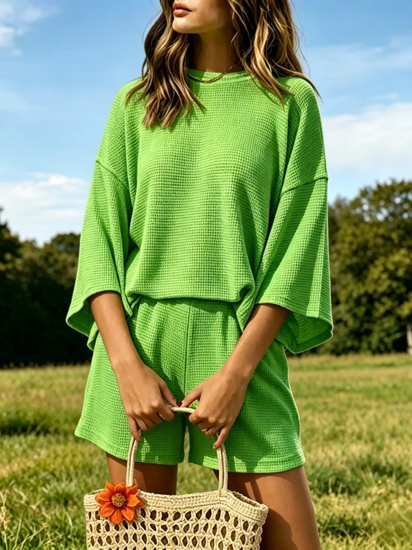 Women's Loose-Fit Lightweight Casual 7/8 Sleeve T-Shirt + Shorts Set, Fashionable Plain Pattern, Regular Length, Comfortable Suit for Daily Wear