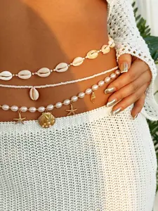 3pcs Multilayer Bohemian Beach Style Pearl Starfish Beaded Waist Chain, Beach Body Jewelry Chain For Women