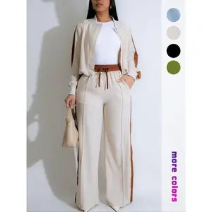 Two piece set of women's patch top and wide leg pants, casual long sleeved jacket and daily pants, women's summer outfitRAIMENTRY