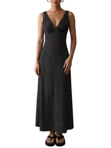 Women's Sexy Polka Dot V-Neck Strappy Long Dress, Elegant Party Gown, Perfect for Gatherings, Stylish Evening Wear
