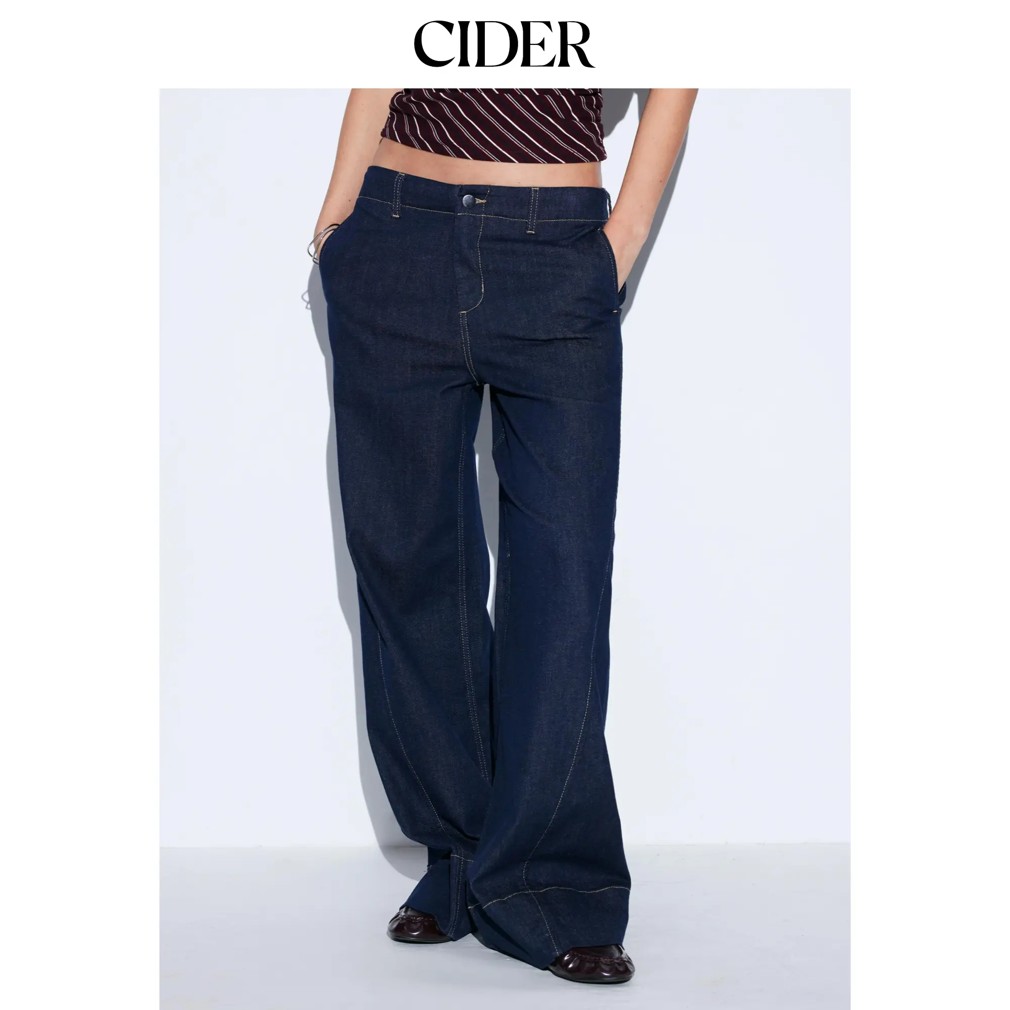 Cider Women's Mid Rise Wide Leg Baggy Long Jeans, Washed Rayon Denim Pants with Slant Pocket and Zip Closure, Street