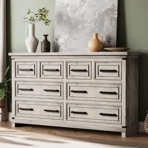 Gray Farmhouse 8 Drawer Dresser for Bedroom Rustic Wood Chest of Drawers Vintage Storage Organizer for Living Room TV Stand 55 Inch