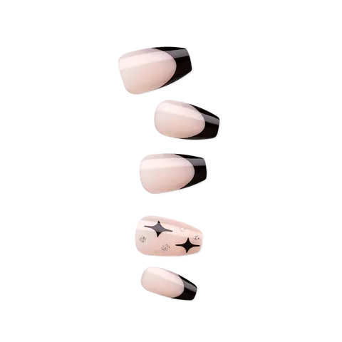 Impress Design No Glue Fake Press On Nails - For the Night | French Design, Black, Medium, Coffin, Manicure