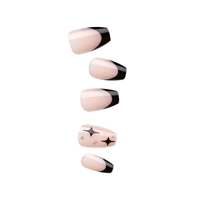 Impress Design No Glue Fake Press On Nails - For the Night | French Design, Black, Medium, Coffin, Manicure
