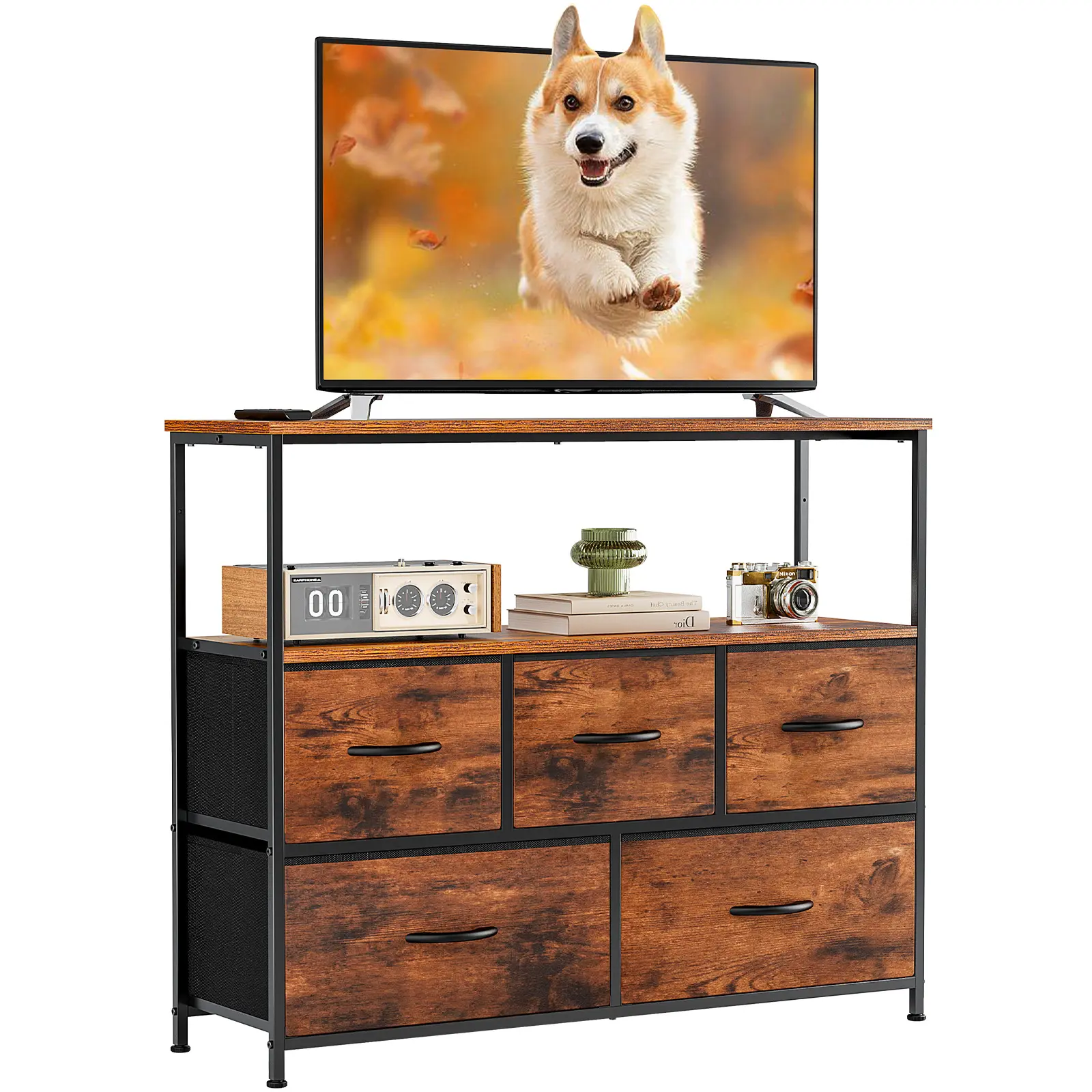 Wooden TV Stand & Dresser Furniture - 5 Fabric Drawers Wood Media Console, Living Room Decor Apartment Furniture with Open Storage Shelf for Entertainment & Indoor Storage